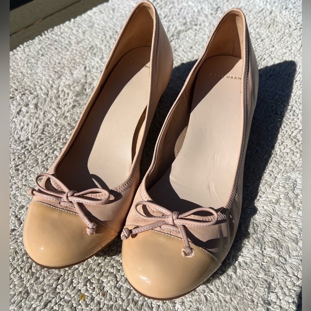 Cole Haan Nude Patent-Toe Ballet Flats with Bow